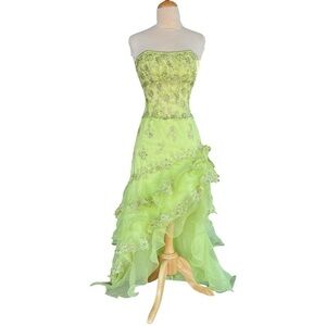 Y2K Cache Fairy Strapless Prom Dress Green Embellished Sequin Ruffles Whimsy XS
